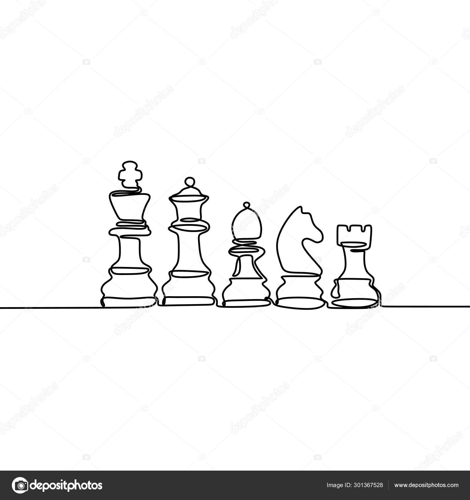 Continuous one line drawing of chess pieces. King queen chess board setup.  Group of players tactic concept. Vector illustration Stock Vector