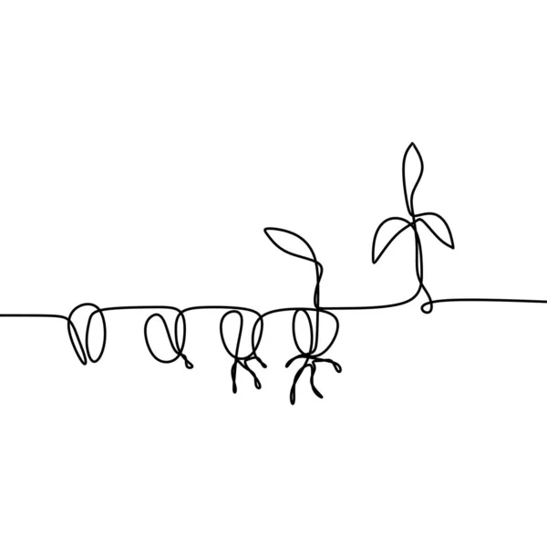 Fase da vida vegetal contínua de uma linha desenhando ilustração vetorial minimalista de sementes, raízes e folhas — Vetor de Stock