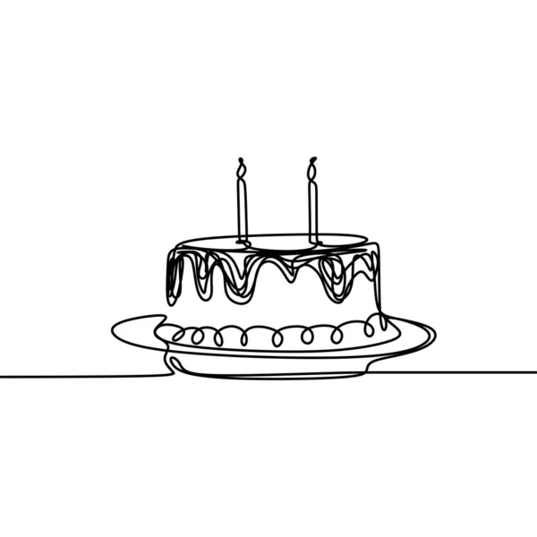 Línea continua dibujando pastel de cumpleaños con vela. Símbolo de celebración feliz momento sobre fondo blanco vector ilustración minimalismo . — Vector de stock