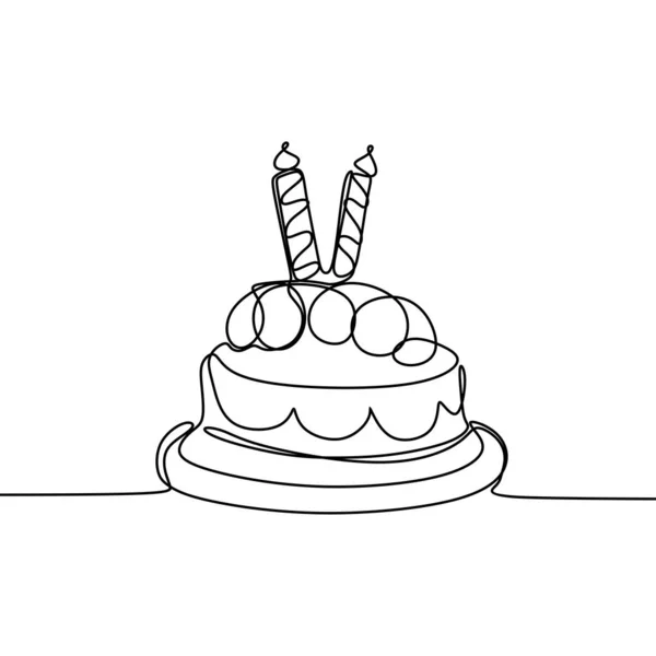 Pastel de cumpleaños de una línea con ilustración de vector de banner de diseño minimalista de vela aislada sobre fondo blanco para momento de celebración — Vector de stock