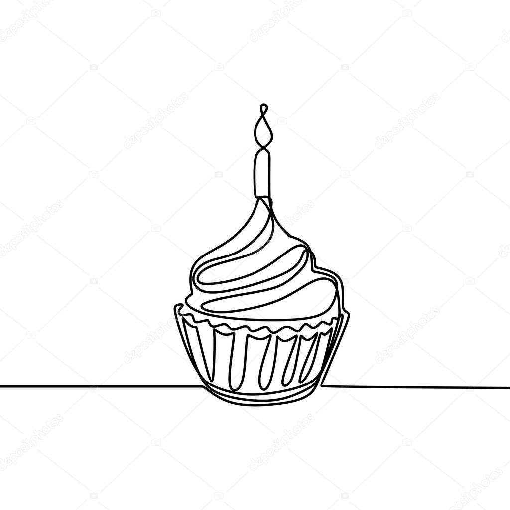One line birthday cake with candle minimalist design banner vector illustration isolated on white background for celebration moment