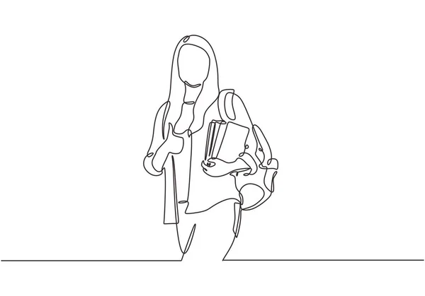 Dessin de ligne continue de fille avec livre et debout. Adolescente collégienne tenant pile de livres et étudiant l'illustration vectorielle minimaliste design d'AVC modifiable . — Image vectorielle