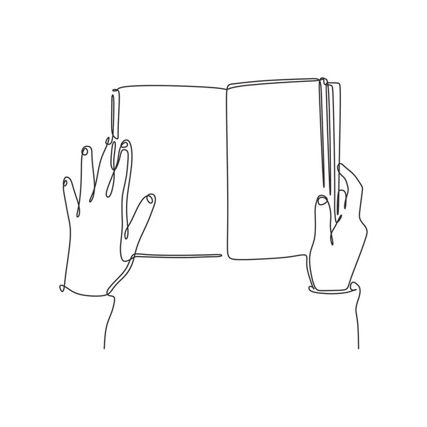 Desenho contínuo de uma linha de livro aberto a mãos. Conceito de leitura tema da educação. Design de minimalismo de ilustração vetorial isolado em fundo branco . — Vetor de Stock