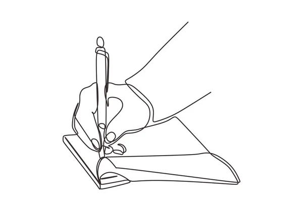 Το διάνυσμα γραφής χειρός συνεχής απεικόνιση μιας γραμμής. Πρόσωπο γράφουν σε ένα βιβλίο με μια πένα μελάνι μινιμαλιστικό στυλ. — Διανυσματικό Αρχείο