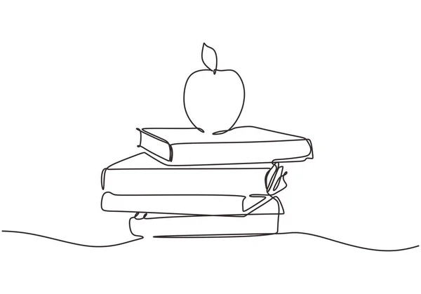 Pilha de livros e maçã em um fundo branco. Continuous uma linha desenho educação suprimentos vetor ilustração minimalismo de volta ao tema da escola . — Vetor de Stock