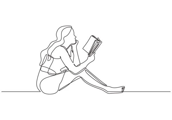 Estudiar chica universitaria con la lectura de un libro continuo de una línea de dibujo. Ella sentada en el suelo y disfrutando de la educación . — Vector de stock