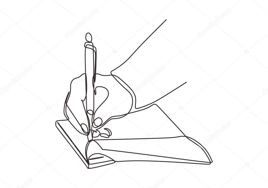 Hand writing vector continuous one line drawing illustration. Person write on a book with an ink pen minimalism style.