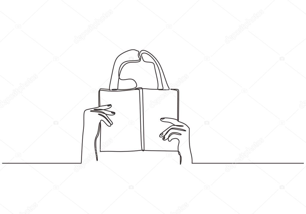 Shy woman behind the book. Continuous one line drawing of a girl holding books. Teenager lady study theme minimalist design.