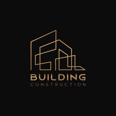 Şirket için House Soyut Emlak Kırsal Logo Tasarım Şablonu. Siyah arka plan lüks tarzı altın renklerle Bina Vektör Siluet.