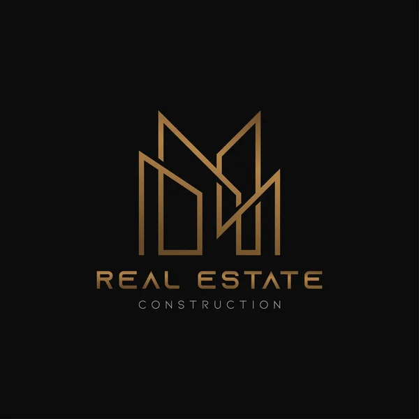 Gold real estate logo icon abstract line minimal design template. Apartamento de lujo y gloria con símbolo de rascacielos . — Vector de stock