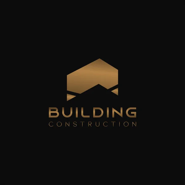 Haus abstrakte Immobilien Landschaft Logo Design-Vorlage für Unternehmen. Gebäudevektorsilhouette. durchgefärbtes Gold auf schwarzem Hintergrund. — Stockvektor