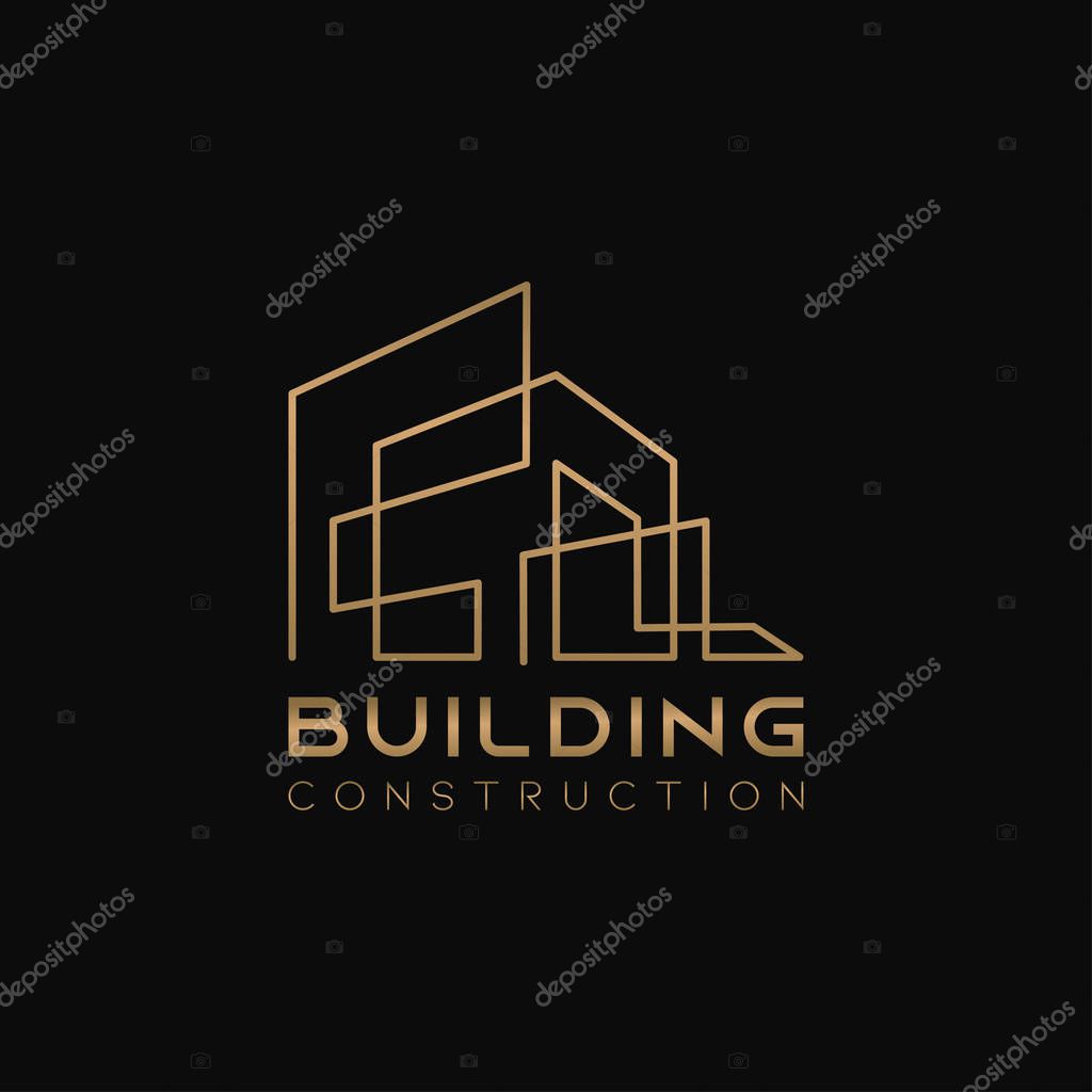 House Abstract Real Estate Countryside Logo Design Template for Company. Building Vector Silhouette with gold colors on black background luxury style.