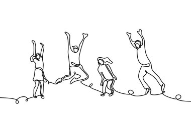 Grup dört kişi sürekli çizgi çizim mutlu an kadın ve erkek beyaz arka plan üzerinde izole atlamak