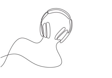 kulaklık hoparlör cihazı gadget bir satır çizim. Şarkı dinleme ve çalma listesi için müzik öğesi. Beyaz arka planda izole edilmiş sürekli lineart tasarımı.