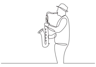 saksafon oynatıcının sürekli bir çizgi çizimi. Rüzgar müzik aletleri kavramı tek çizgi çizmek tasarım illüstrasyon