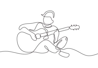 Akustik gitar enstrümanı çalan kişinin sürekli bir satır çizimi. Adam oturup onu boş zamanlarında mutlu etmek için şarkı çalmak dinlenmek.
