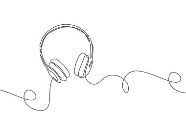 Kulaklık hoparlörü cihazının bir satır çizimi beyaz arka planda izole edilmiş sürekli çizgi tasarımı. Şarkı dinlemek ve çalma listesi için müzik ögesi.