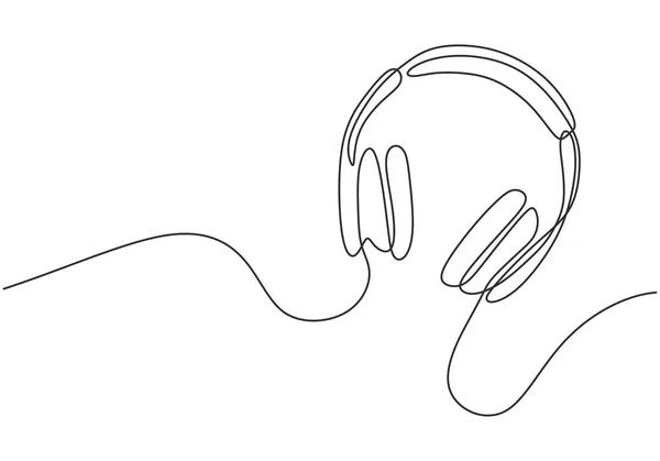 Ακουστικά με σύμβολα μουσικής και τεχνολογίας η απεικόνιση διανύσματος απομονώνεται σε λευκό φόντο. Συνεχής σχεδίαση γραμμής. Συσκευή ήχου που ζωγραφίζει με απλές μόνο γραμμές — Διανυσματικό Αρχείο