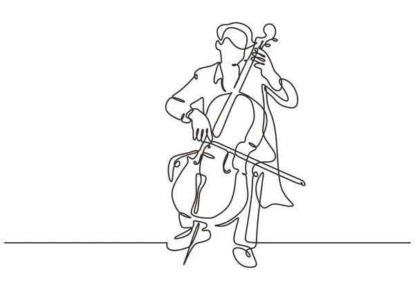 Kontinuierlich einzeiliges Cello-Musikinstrument. Person, die klassisches Musikinstrument spielt. Auftritt des Mannes mit Orchesterthema auf der Bühne. — Stockvektor