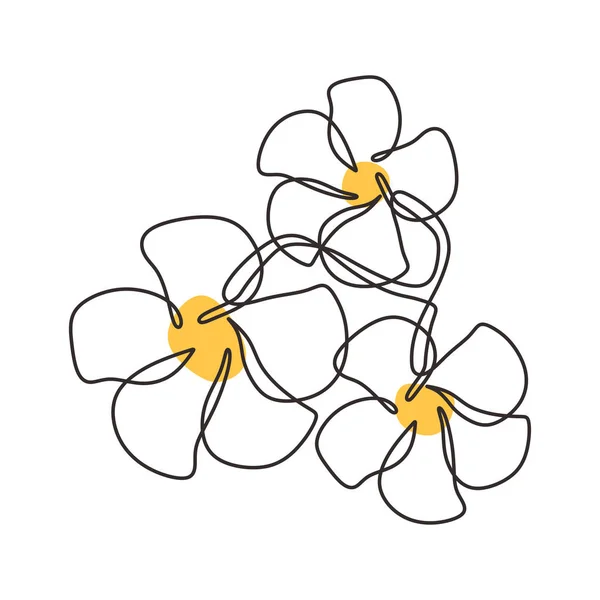 Dibujo de una línea de flores de Plumeria diseño minimalista flores amarillas y blancas hawaiano, balinés, y tema tropical . — Vector de stock