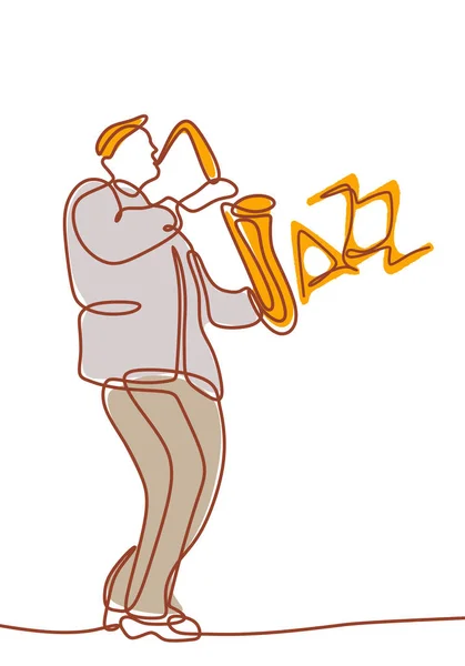 Saxofoonspeler met jazz typografie belettering hand getrokken continu één lijn kunst tekening minimalisme poster citaat muziek klassieke thema vector illustratie minimalisme. — Stockvector