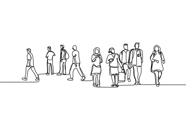 Continuous line drawing of people walking on the street after work time conteptual hand drawn minimalism lineart design isolated on white background vector illustration — Stock Vector