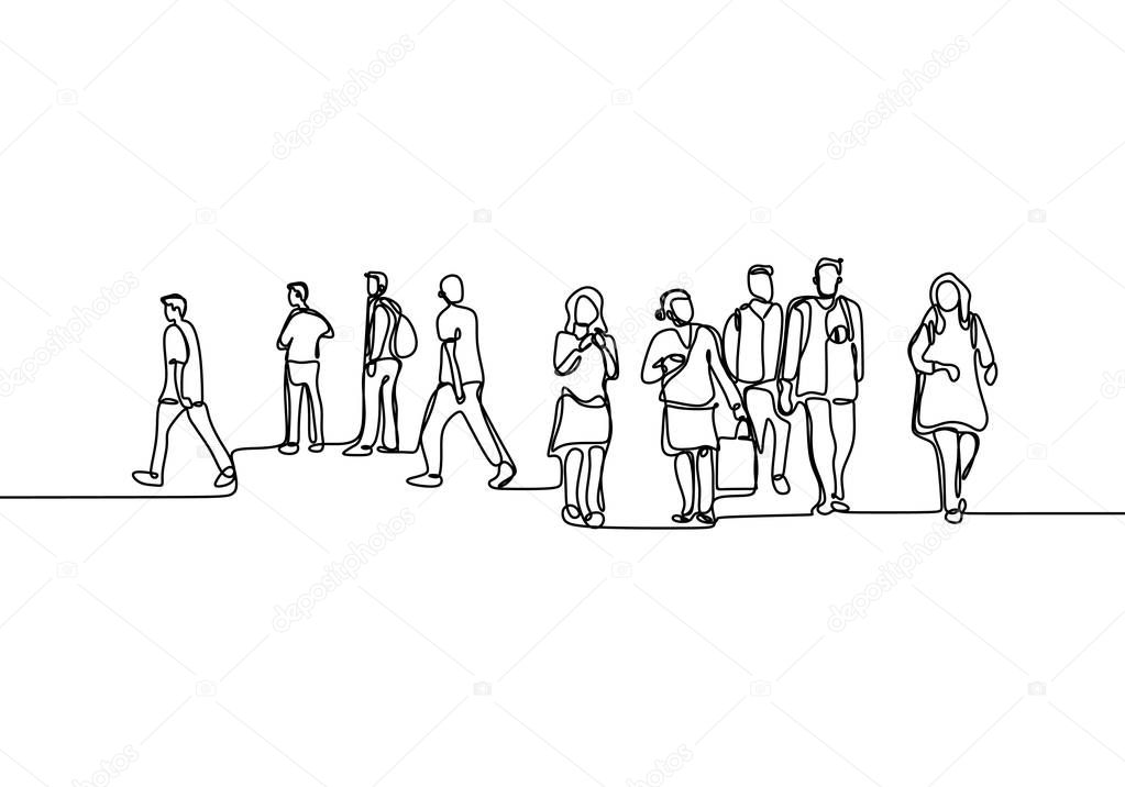 Continuous line drawing of people walking on the street after work time conteptual hand drawn minimalism lineart design isolated on white background vector illustration