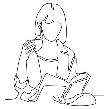 bir sürekli çizilmiş çizgi genç kız bir kitap elle çizilmiş resim siluet vektör tasarımı okuma
