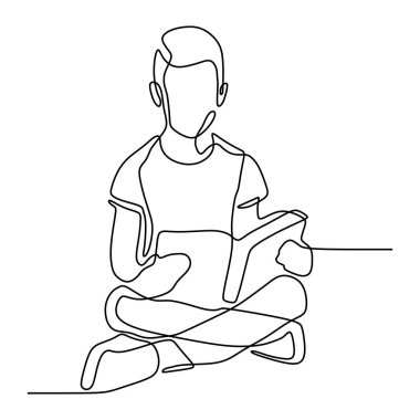 çalışma için kitap okuyan oturan çocukların sürekli çizgi çizim. Eğitim Fikri kavramı vektör illüstrasyon.