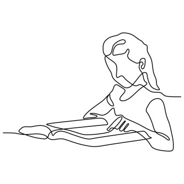 çalışma için kitap okuyan oturan çocukların sürekli çizgi çizim. Eğitim Fikir kavramı minimalist tasarım.