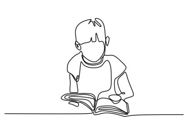 çalışma için kitap okuyan oturan çocukların sürekli çizgi çizim. Eğitim Fikir kavramı minimalist tasarım.