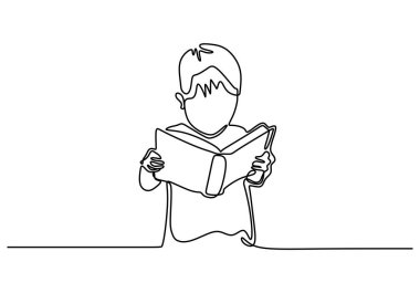 çalışma için kitap okuyan oturan çocukların sürekli çizgi çizim. Eğitim Fikri kavramı vektör illüstrasyon.