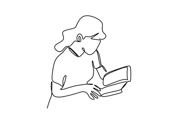 Kontinuerlig en linje ritning tonåring flicka läsning bok vektor illustration minimalistisk koncept utbildning tema. — Stock vektor