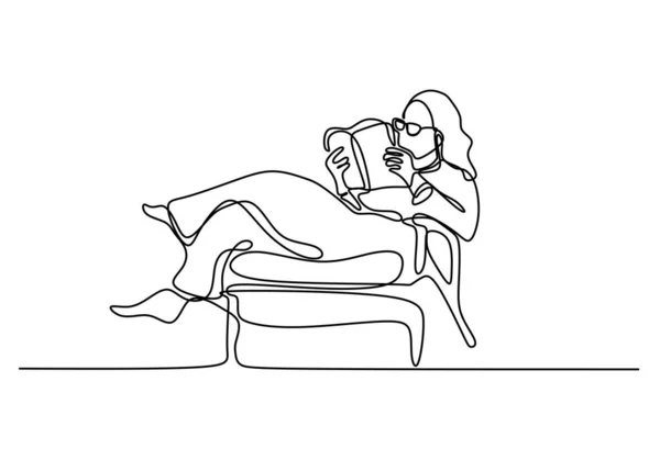 一个连续绘制线年轻女孩阅读一本书手绘图片剪影矢量设计 — 图库矢量图片