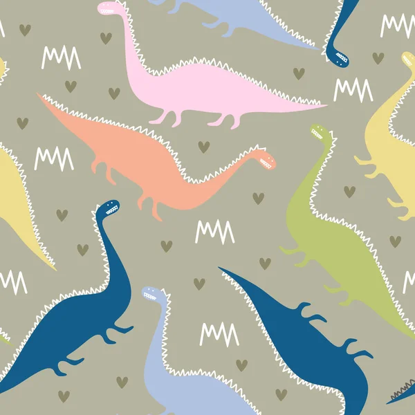 Dinosauří bezešvé vzory pro děti a mládež vektorová ilustrace kreslení skandinávských rukou kreslené pozadí připravené pro děti móda textilní tisk — Stockový vektor