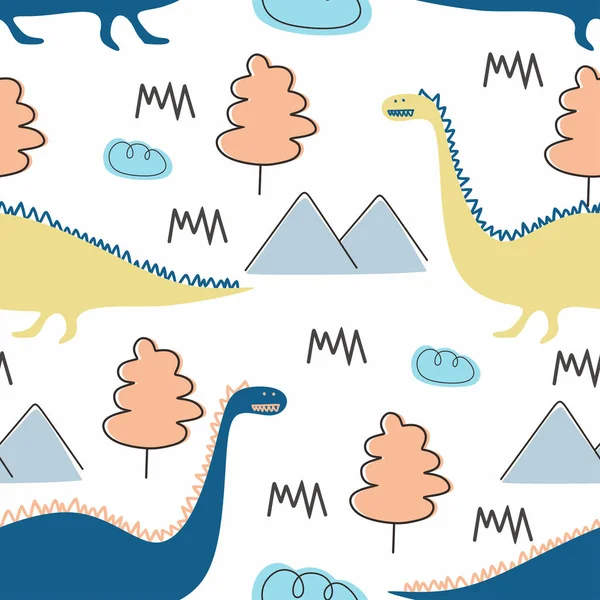 Carino modello dino senza soluzione di continuità per il bambino e bambini vettoriale illustrazione stile disegno scandinavo — Vettoriale Stock