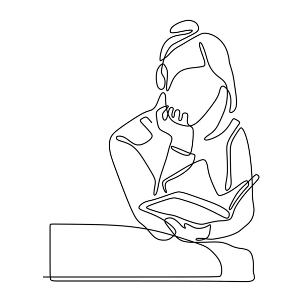 Одна сплошная нарисованная линия юная девушка читает книгу, нарисованную вручную рисунок силуэт векторного дизайна — стоковый вектор