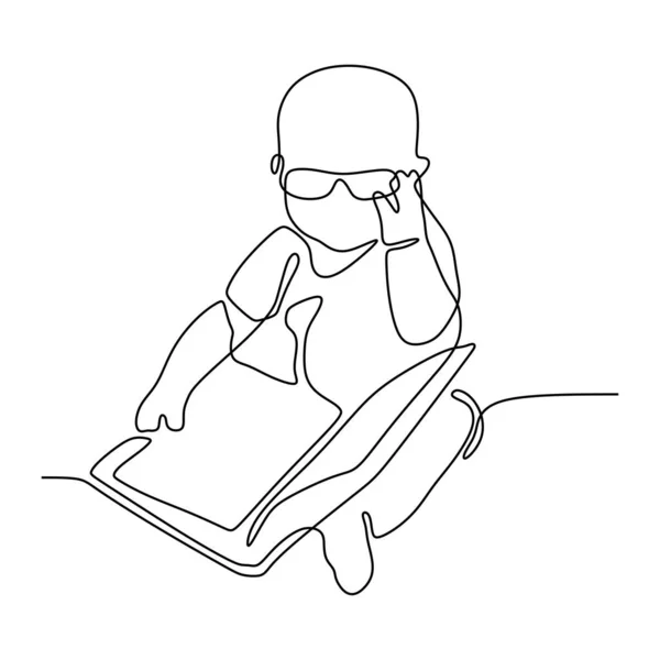 Dibujo en línea continua de niños sentados leyendo libros para el estudio. Concepto de Idea Educativa diseño minimalista . — Vector de stock