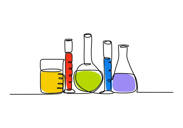 Balão de ciência química contínua uma linha de desenho ferramenta de vidro química. Tecnologia científica pesquisa medicina vidro equipamento design um esboço desenho desenho vetor ilustração —  Vetores de Stock