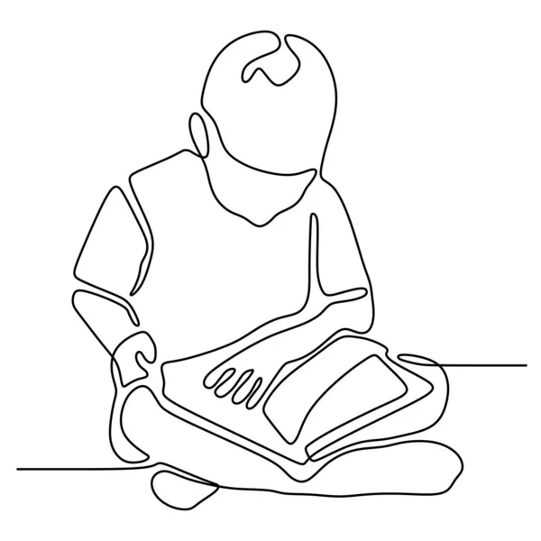 Çalışma için kitap okuyan oturan çocukların sürekli çizgi çizim. Eğitim Fikri kavramı vektör illüstrasyon. — Stok Vektör