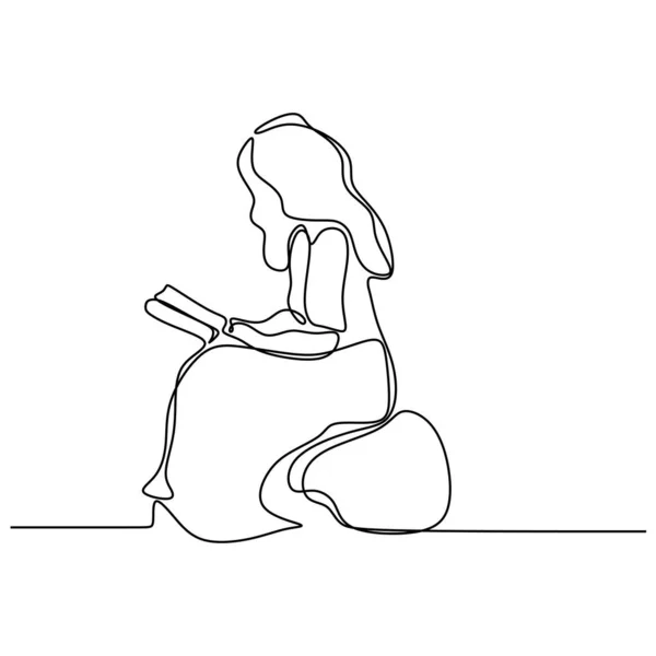 连续线画青少年女孩阅读书籍矢量插图极简主义概念教育回到schhol主题. — 图库矢量图片