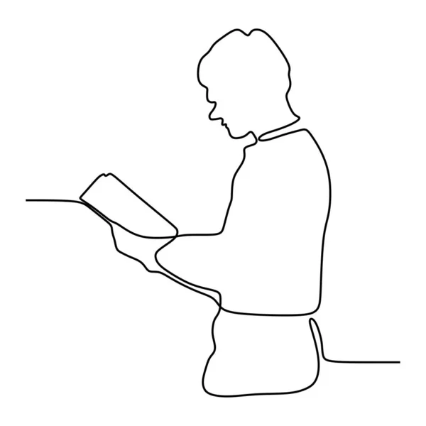 Ligne continue dessin garçon lecture livre vectoriel illustration minimaliste concept éducation retour à schhol thème . — Image vectorielle