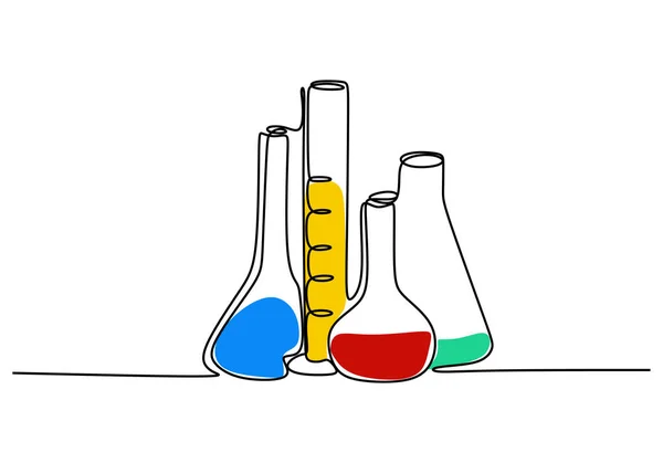 Una línea dibujando frasco de ciencia química. Tecnología científica investigación medicina vidrio equipo diseño un bosquejo esquema dibujo vector ilustración — Archivo Imágenes Vectoriales