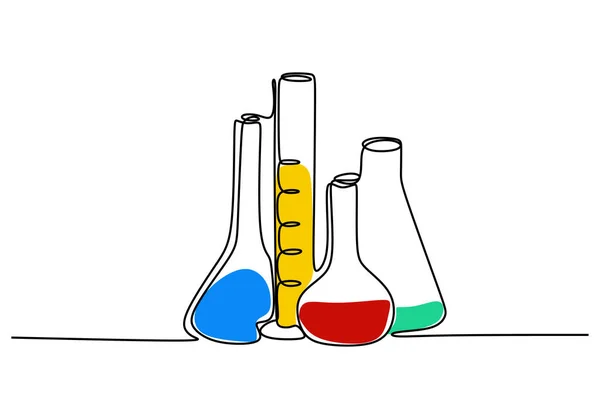 One line drawing chemical science flask. Scientific technology research medicine glass equipment design one sketch outline drawing vector illustration — Stock Vector