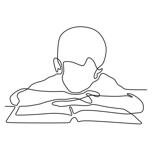 Çocuk okuma kitap minimalist vektör illüstrasyon sürekli çizgi çizim. Okul temaya geri dön. — Stok Vektör