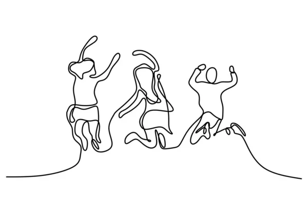 Crianças felizes saltando linha contínua desenho design minimalista uma mão desenhada isolado no fundo branco — Vetor de Stock