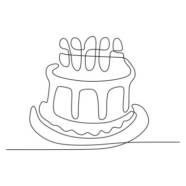 Sürekli çizgi çizim Mum ile Doğum günü pastası. Beyaz arka plan vektör illüstrasyon minimalizm kutlama mutlu an sembolü.
