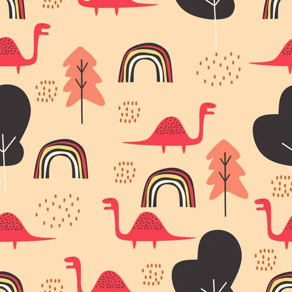 Lindo patrón sin costura dino para bebé y niños vector ilustración divertido dibujo escandinavo mano dibujado fondo listo para niños moda textil impresión — Vector de stock