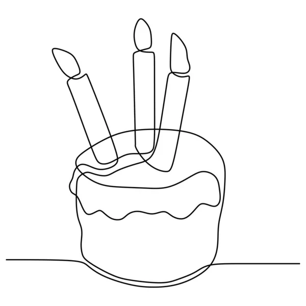 Linea continua disegno torta di compleanno con candela. Simbolo di celebrazione momento felice su sfondo bianco illustrazione vettoriale minimalismo . — Vettoriale Stock