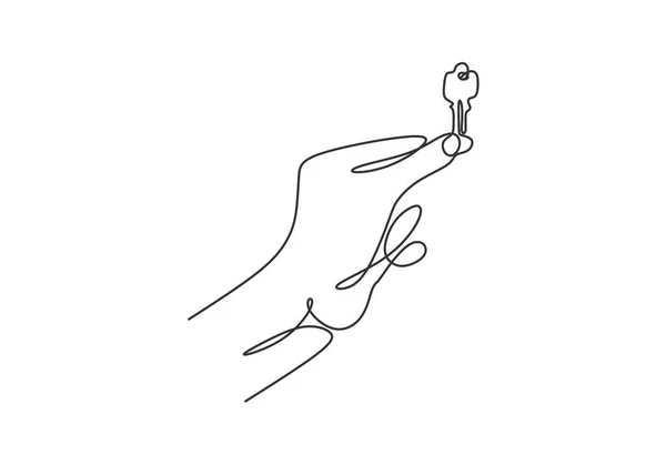 A mão segura as chaves do carro ou apartamento linha contínua desenho vetor ilustração sinal e símbolo — Vetor de Stock